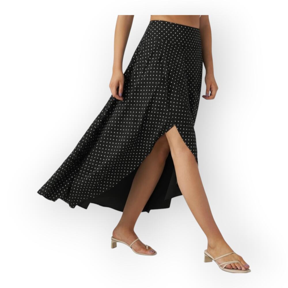 Halara Polka Dot High Low Midi Skirt Black White Flowy Asymmetrical Hem NWT